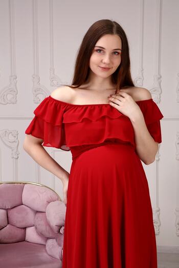 Azra Style Women's Maternity Red Carmen Collar Chiffon Belted Dress through the Shoulder