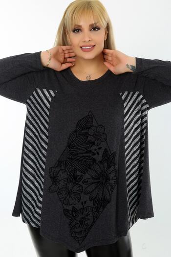 Kheos Asymmetrical Blocked Front Floral Stone Printed Long Sleeve Flowy Blouse