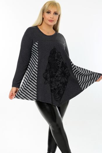 Kheos Asymmetrical Blocked Front Floral Stone Printed Long Sleeve Flowy Blouse