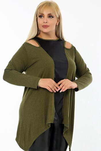 Kheos Long Sleeve Asymmetrical Blouse with Leather Blocks on the Collar and Front and Off-the-Shoulder