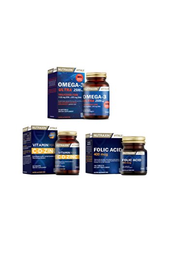 Nutraxin Omega 3 Ultra 2500 Mg Fish Oil - 30 Capsules Vitamin Max 60 Tablets + Folic Acid 100 Tablets