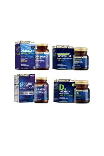 Nutraxin Containing Omega 3 and Vitamin D3 - Coenzyme 60 Capsules + Selenium 100 Tablets + Keratin Formula 60 Tablets