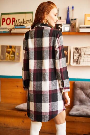 Olalook Women's Burgundy Ecru Lumberjack Thick Plaid Tunic Dress ELB-19000836