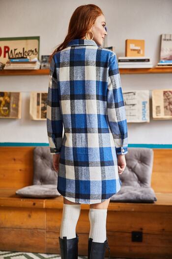 Olalook Women's Indigo Ecru Lumberjack Thick Plaid Tunic Dress ELB-19000836
