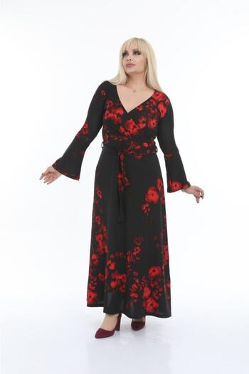 Mezura Γυναικείο Plus Size Φθινοπωρινό/χειμωνιάτικο Μακρύ Φόρεμα με Διπλό Γιακά Flounce Crepe Ύφασμα Κατάλληλο για Hijab