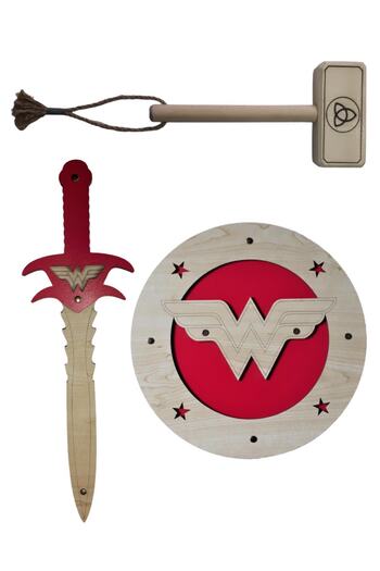 Ahtek Wooden Toy Set, Wonder Woman Shield + Sword and Wooden Tor (thor) Tow Truck