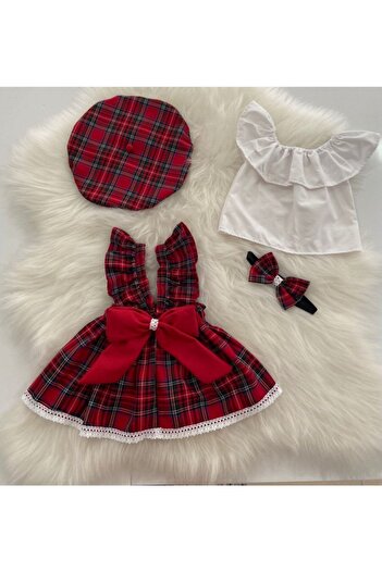 Moda Lina Plaid Salopet Banda Hat Blouse Set