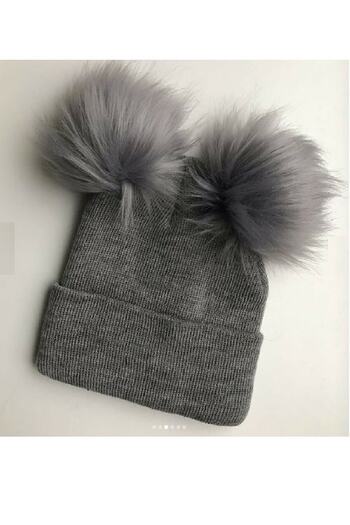 Asa Bebek Çocuk Unisex Baby Knitwear Beret - Fur Pompom, Gray