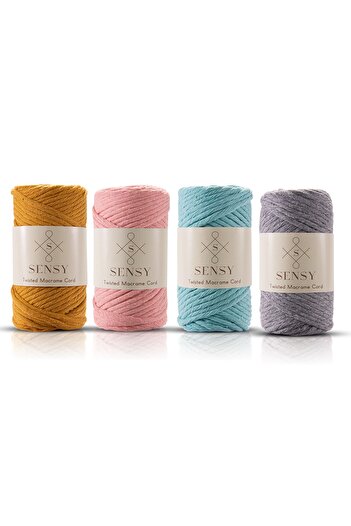 SENSY Premium Taranan Iplik Makrome Μακραμέ Κλωστή Χόμπι Σετ 4 τεμαχίων Μακραμέ Κλωστή Μουσταρδί-Σομόν-Μέντα-Ανοιχτό Γκρι