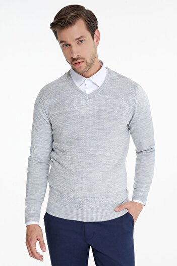 Hatemoğlu Men's Gray Patterned V-Neck Knitwear Sweater