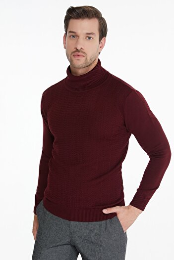 Hatemoğlu Men's Burgundy Patterned Full Turtleneck Regular Fit Knitwear Sweater