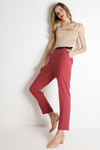 Select Moda Kadın Gül Kurusu Kemerli Pantolon