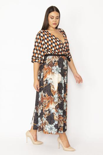 Şans Women's Large Size Colorful Wrap Collar Belted Waist Dress 65n28602