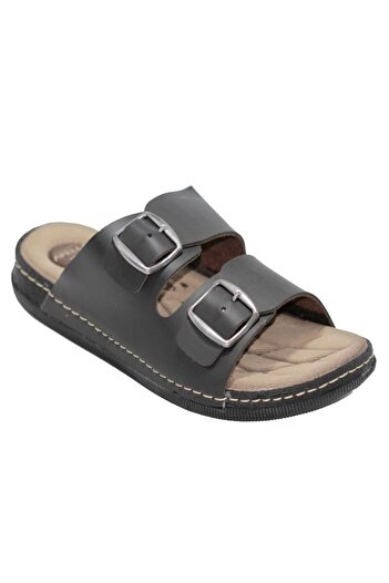 Akım Men's Black Apella Stitched Comfort Comfortable Anatomical Slippers