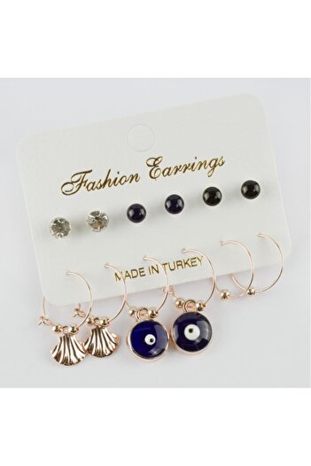 AKIN AKSESUAR HEDİYELİK 12 Pieces Oyster Figured Evil Eye Beaded Hoop Earrings Set