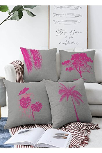 Realhomes Decorative Digital Printed 4-Piece Double Sided Raschel Throw Pillow Cover Set with Fuchsia Tree Motif on Gray Background