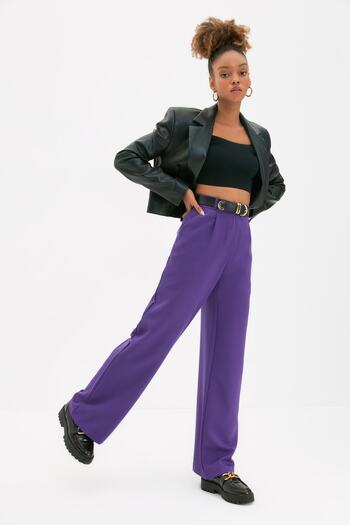 Trendyol Collection Plum High Waist Wide Leg/Wide Leg Pleated Woven Fabric Pants Twoaw21Pl0076