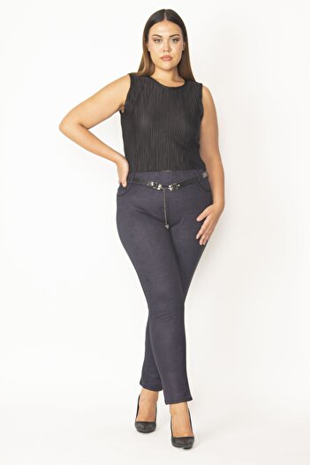 Şans Women's Large Size Navy Blue Plaid Patterned Trousers with Belt Accessories 65n28637