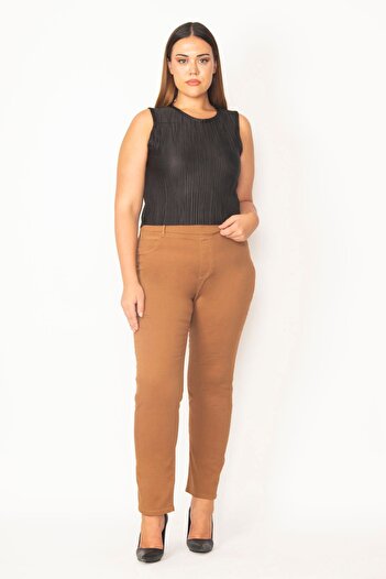 Şans Women's Large Size Camel Lycra Denim Trousers with Stone Detail on Front and Back Pockets 65n28653