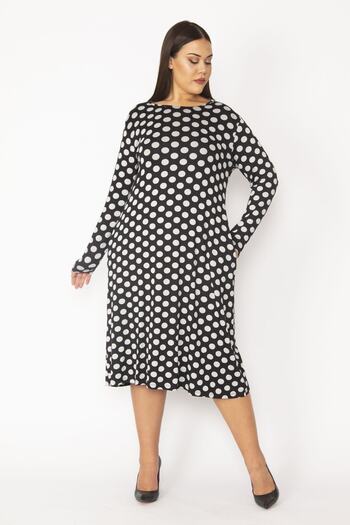 Şans Women's Plus Size Colorful Long Sleeve Point Pattern Crepe Dress 65n28334