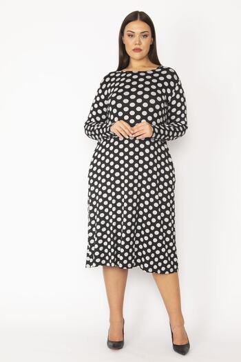 Şans Women's Plus Size Colorful Long Sleeve Point Pattern Crepe Dress 65n28334