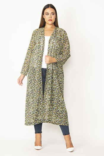 Şans Women's Large Size Colorful Chiffon Fabric Patterned Long Cardigan 65n28497
