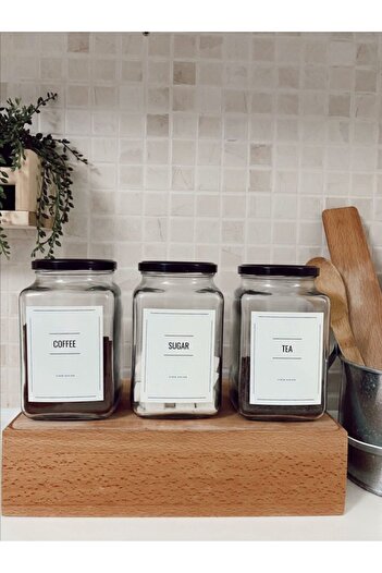 SİDERDESİNG Siderdesign 3-piece Decorative Black Jar - Glass Coffee, Sugar, Tea Storage - 1 Lt