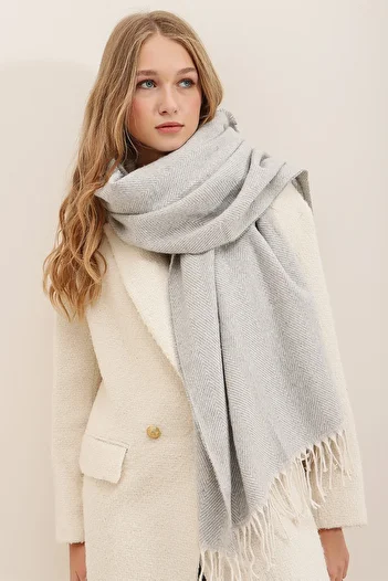 Trend Alaçatı Stili Women's Gray Wool Blended Patterned Shawl ALC-A2066