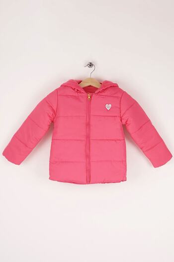 Mika Bebek & Çocuk Heart Embroidered Fuchsia Pink Baby Girl Slim Fit Hooded Puffer Coat