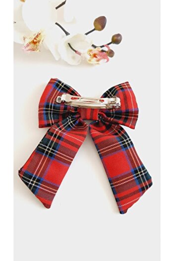Mathilda Aksesuar Plaid Pattern Bow Hair Clip with Automatic Clip Red