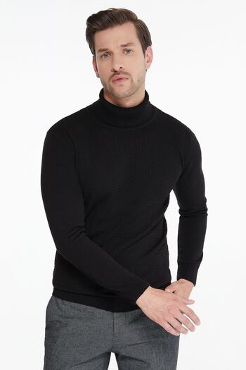 Hatemoğlu Men's Black Patterned Full Turtleneck Regular Fit Knitwear Sweater