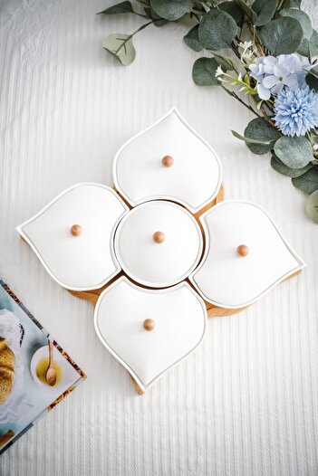 Vadi 5-Piece Porcelain Luxury Breakfast Set with Bamboo Stand and Porcelain Lid