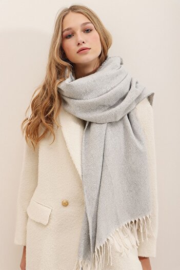 Trend Alaçatı Stili Women's Gray Wool Blended Patterned Shawl ALC-A2066
