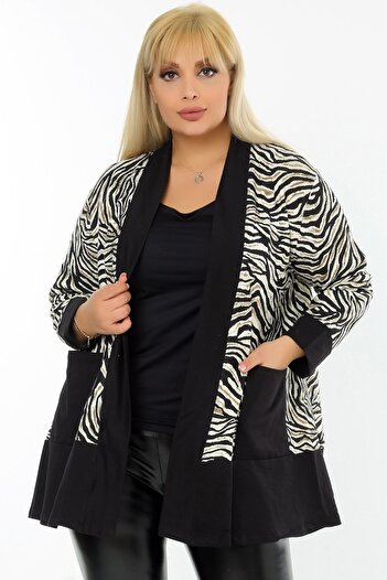 Kheos Special Design Zebra Patterned Stylish and Stylish Short Cardigan with Pockets
