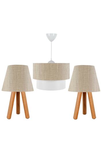EvLight Triple Room Set Chandelier and Wooden Lampshade Kumbeige