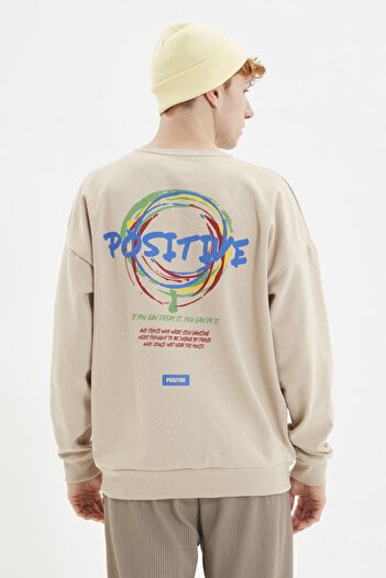 Trendyol Collection Μπεζ μπλούζα Oversize Crew Neck Printed Φούτερ - TMNAW22SW0804