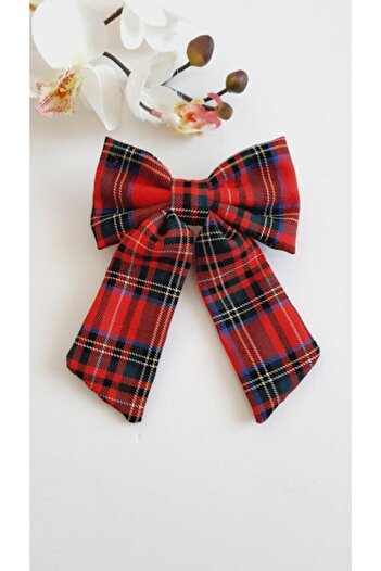Mathilda Aksesuar Plaid Pattern Bow Hair Clip with Automatic Clip Red