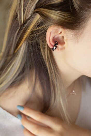 BY BARUN SİLVER Kıkırdak Yıldız Earcuff 925 Ayar Siyah Zirkon Taşlı Rose Pembe Sıkıştırmalı Gümüş Kıkırdak Küpe