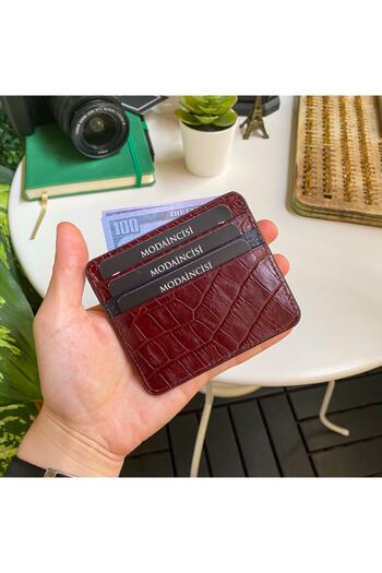 Modica Ariza - Croco Pattern Genuine Leather Claret Red Thin Card Holder
