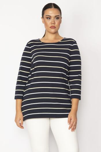 Şans Women's Large Size Black Crew Neck Striped Tunic 65n28710