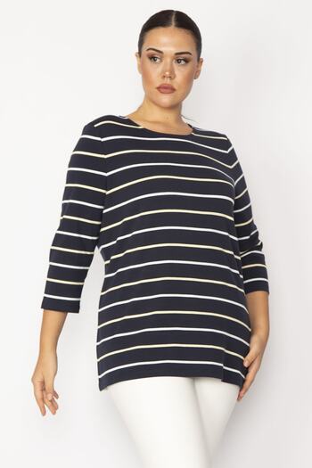 Şans Women's Large Size Black Crew Neck Striped Tunic 65n28710