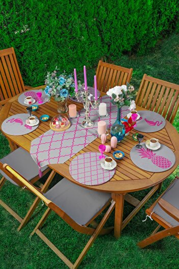 Realhomes 6+1 Piece Gray Fuchsia Special Designed Supla Runner Set
