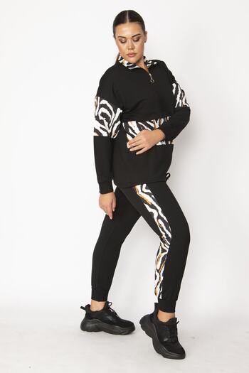 Şans Women's Large Size Black Front Placket Zippered Garni Detailed Sweatshirt Trousers Set 65n28706