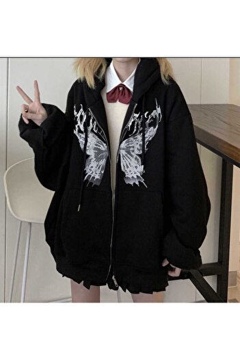 Köstebek Harajuku Touz Butterfly Чорний унісекс з капюшоном і блискавкою