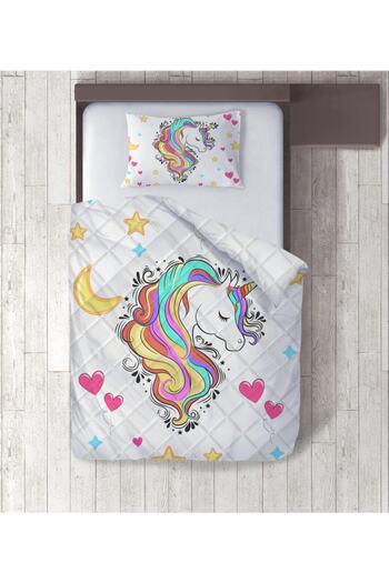 yok yok evim eve dair her şey Unicorn Patterned Digital Printed Single Duvet Set