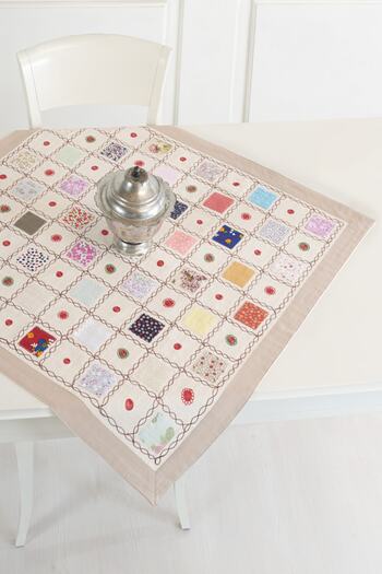 ÖDEL HOME Milk Coffee Bordered Patched Embroidered 90X90 cm Tablecloth