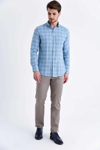 Hatemoğlu Blue Slim Fit Checkered 100% Linen Long Sleeve Shirt