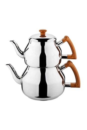 Özkent Steel Marmaris Mega Size Wooden Handle Teapot Set Brown