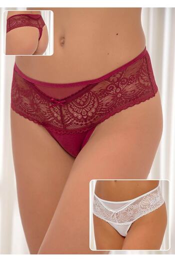 Siyah İnci Burgundy-ecru 2-pack Cotton Lace Lycra Thong