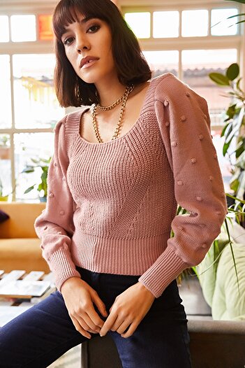 Olalook Γυναικείο πλεκτό πουλόβερ Dusty Rose με δεμένο μανίκι Pompom KZK- 19000212